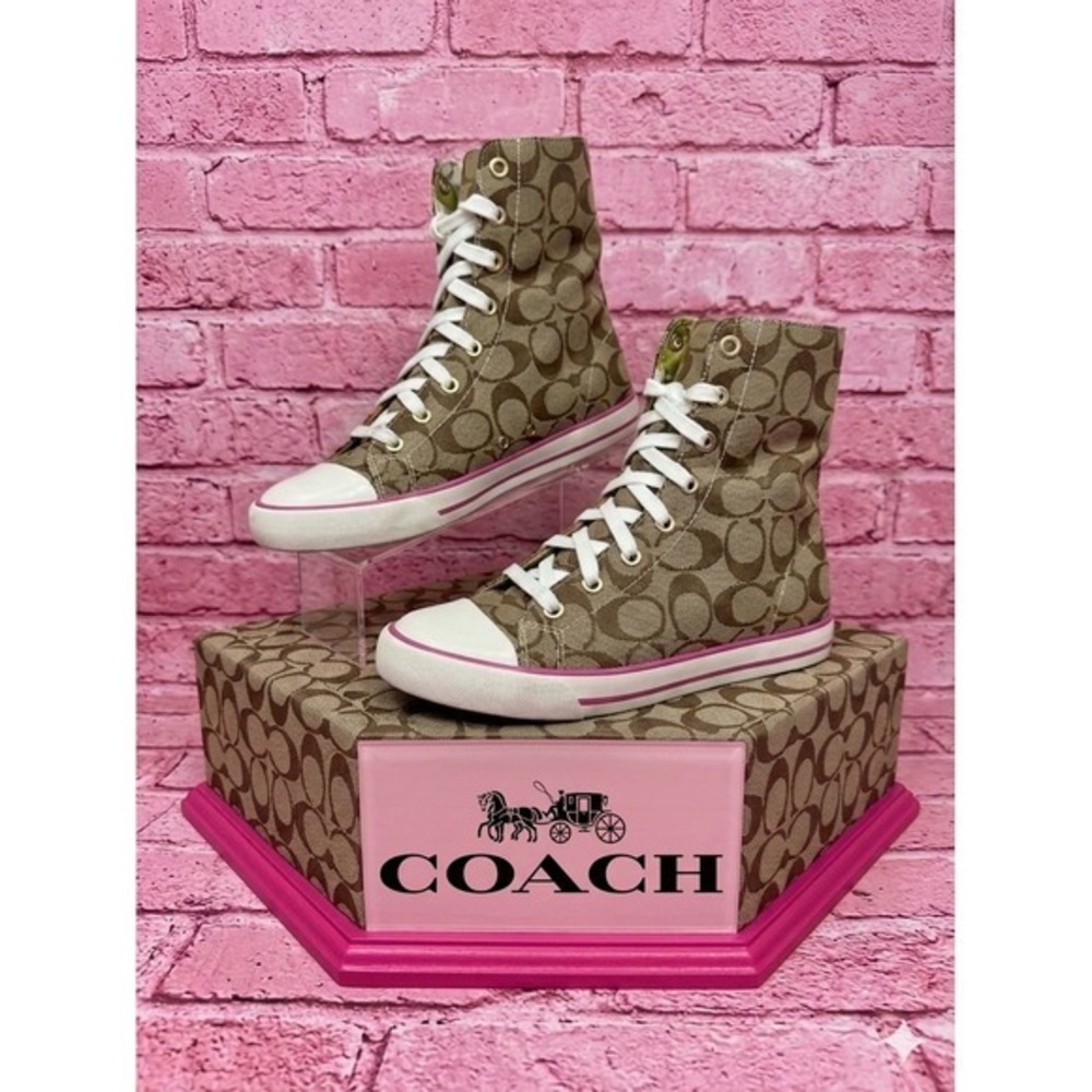 Coach Signature🩷Monogram High Top Sneakers Brown Tan Pink Lace Up Womens 7